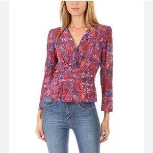 IRO Silk Peplum Blouse Floral Wrap Top Red Purple Size S (See Measurements)